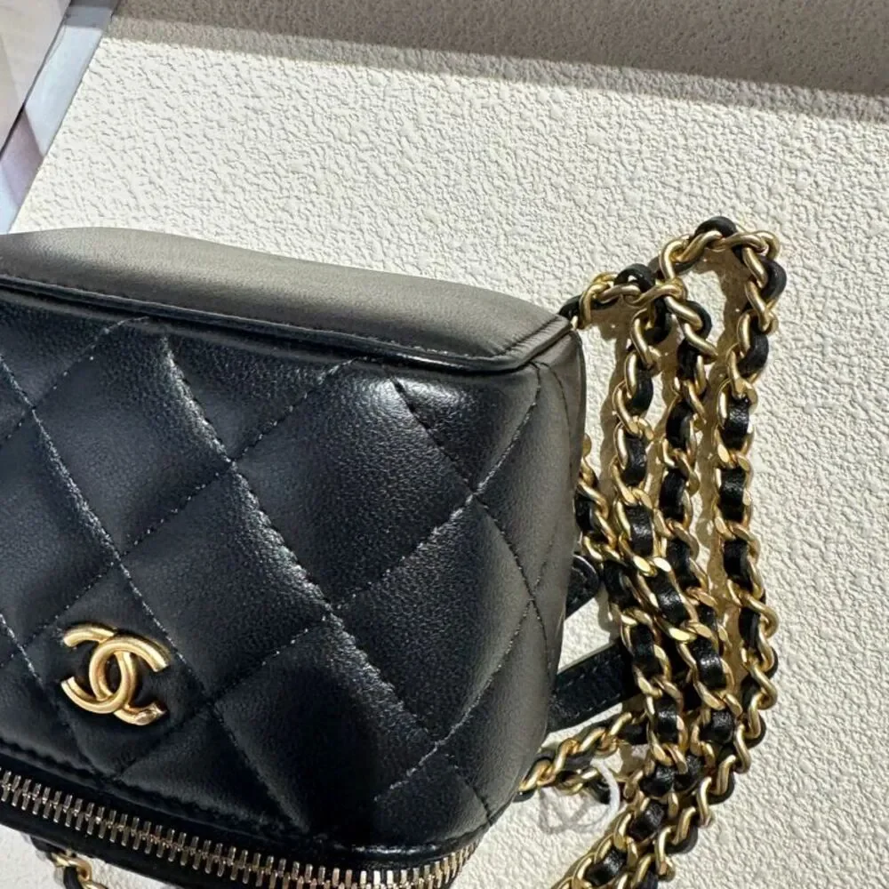 CHANEL Black Quilted Lambskin Mini Vanity Bag with Gold Hardware